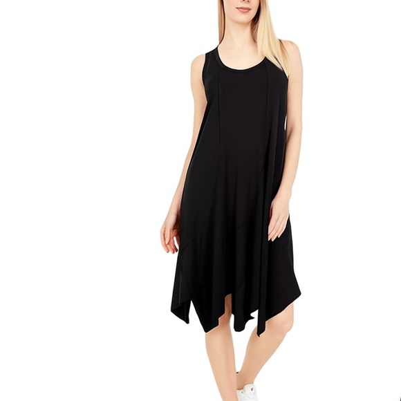 Mododoc Black Sleeveless Midi Dress S | Asymmetrical Hem Swirl Detail - Picture 1 of 6